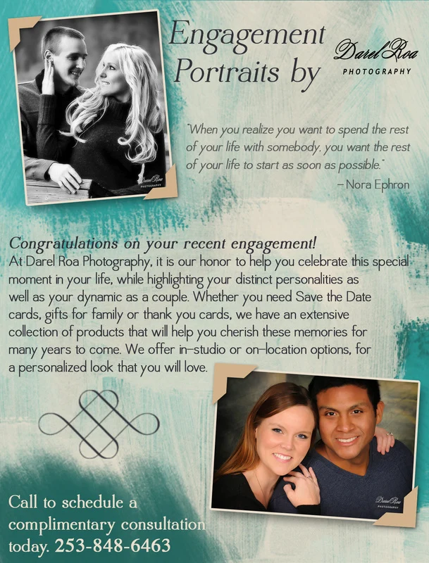 Engagement portrait flyer with two couple portraits, a quotation, product options, and consultation contact details.