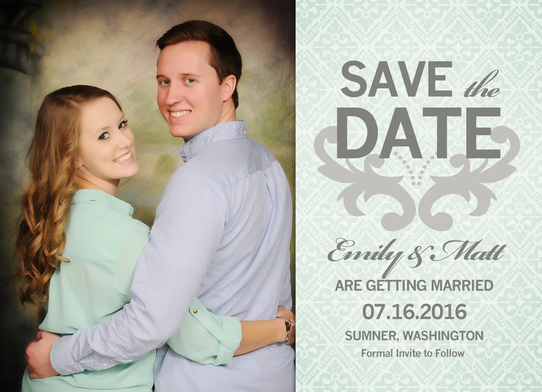 Sample Save the Date card pairing a couple's outdoor portrait with wedding announcement text on a patterned panel.