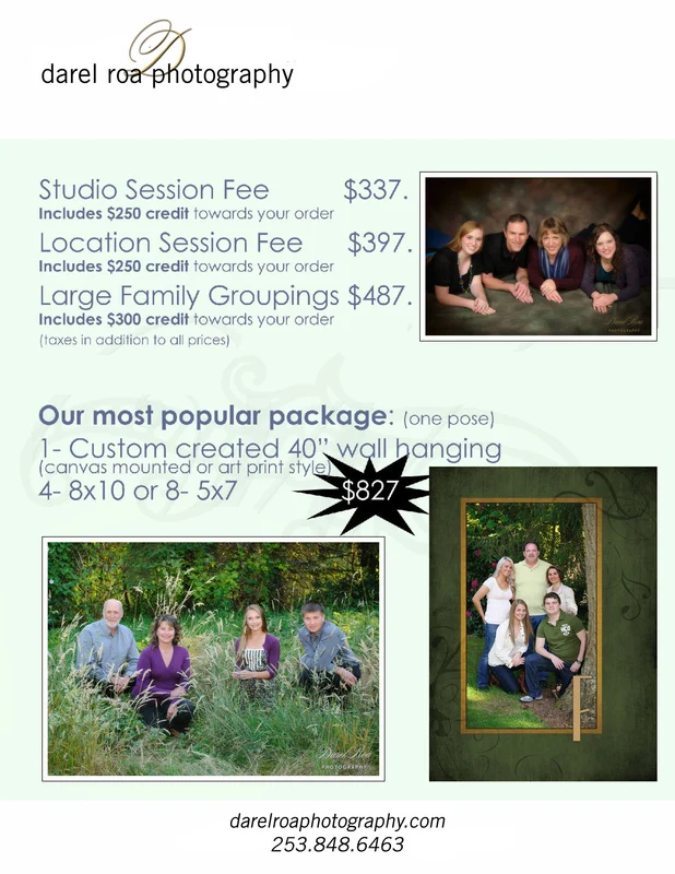 Original family portrait price sheet. All session fees, order credits, package details, and the tax condition are listed in readable text above.