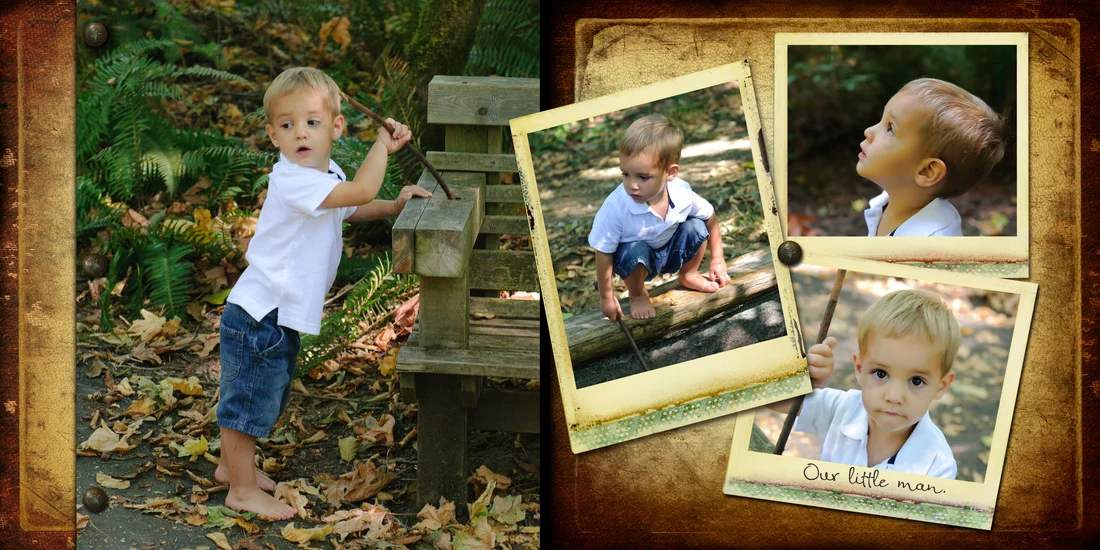Collage of four outdoor portraits of a young child exploring leaves and a wooden bench.