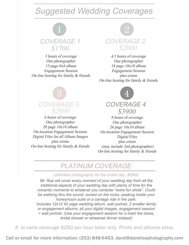 Original wedding coverage price sheet. All package prices and inclusions are listed in readable text above.