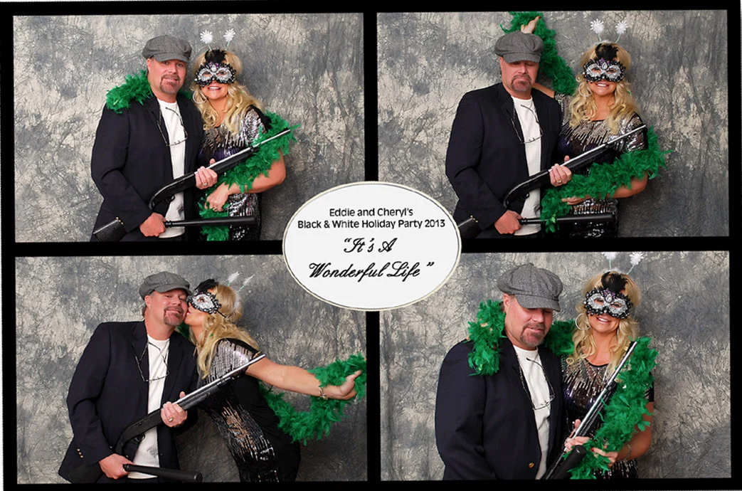 Four-photo party collage of a couple posing with hats, a mask, a green feather boa, and a toy gun.